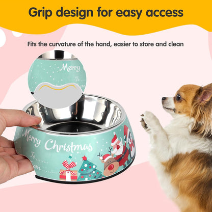 Christmas Xmas Pet Dog 2 in 1 Food Water Bowls - Non Slip Skid Proof Heavy Duty Pet Cats Dog Food Water Bowls for Feeding Small Dogs Puppies Cats Kittens-Green Christmas-S