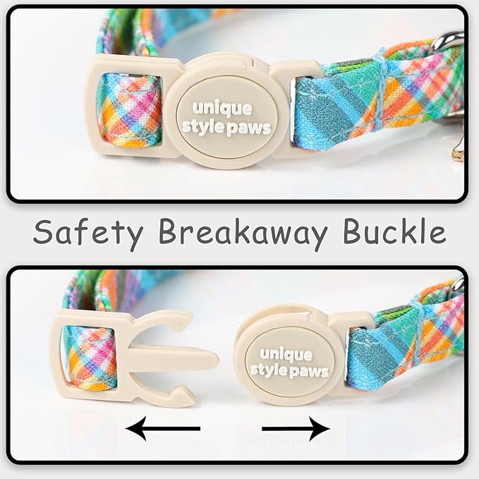 Unique style paws 2 Pack Easter Day Kitten Collar Breakaway with Bell&Pendant, Adjustable Safety Blue Pink Colorful Plaid Cat Cotton Collar for Girl Boy Cat and Small Pet