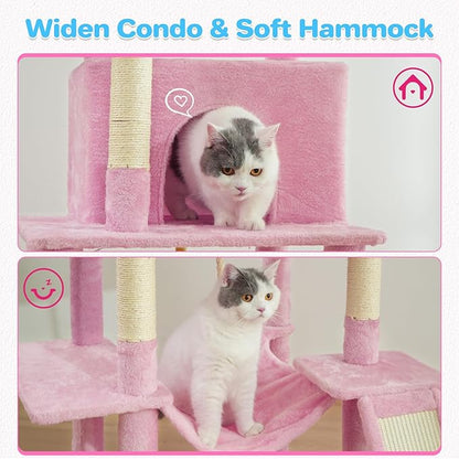 Cat Tree Tower 63in Multi-Level Cat Tower for Indoor Cats with Sisal Scratching Posts, Condo, Hammock, Dangling Ball and Extended Platform for Cats to Play, Pink