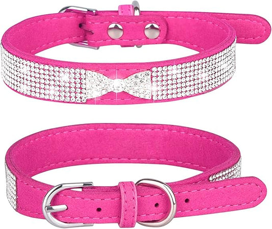 Rhinestone Dog Collar, Cute Dazzling Sparkling Soft Suede Leather Adjustable Pet Dog Cat Collar Crystal Diamond for Puppy Small Medium Large Dogs (XS:21-26cm, Hot Pink-3)
