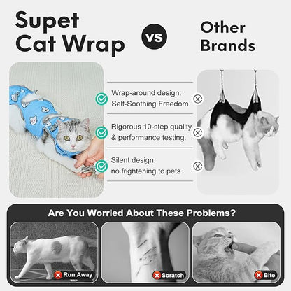 Supet Cat Grooming Hammock, Self-Adherent Cat Wrap for Cutting Nails, Anti-Escape Calming Wrap for Medicine, Nail Clipping, Teeth Brushing, Ear Cleaning