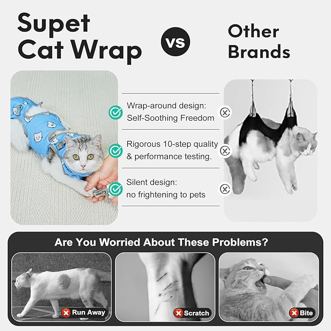 Supet Cat Grooming Hammock, Soft Fabric Nail Clipper Hammock, Self-Adhesive Wrap for Cutting Nails, Quickly Calm Down for Medicine, Teeth Brushing, Ear Cleaning