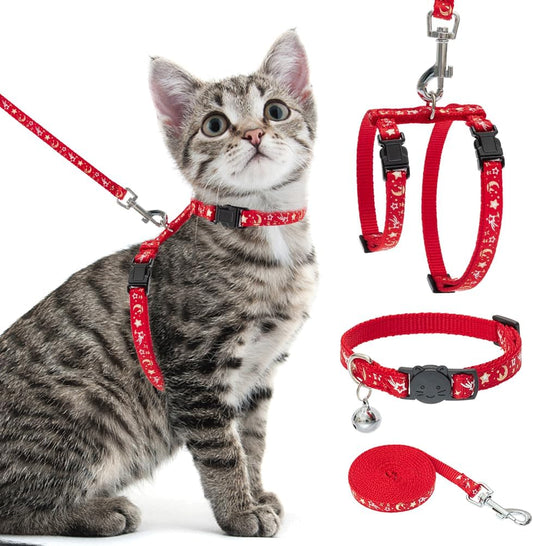 PAWCHIE Cat Harness with Leash and Collar Set - Escape Proof Adjustable H-shped Cat Harness with Star and Moon Pattern Glow in The Dark for Kitty Outdoor Walking