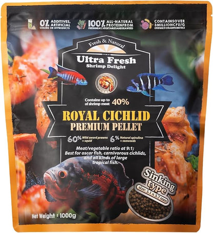 Ultra Fresh Cichlid Sinking Fish Food, Wild Sword Prawns, All Natural Ingredients, Carnivore Pellets for Large Cichlid and Tropical Fish, Royal Cichlid Premium Pellet 2.2 Pound