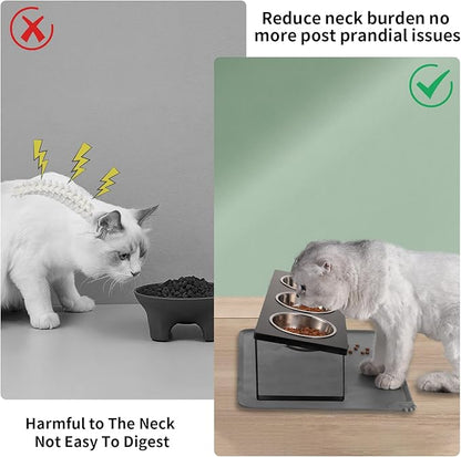 Upgraded Elevated Cat Bowls with Food Mat,15°Tilted Stand Anti Vomiting Raised Cat Dishes for Food and Water,3 Stainless Steel Bowls for Cats and Puppy（Black）