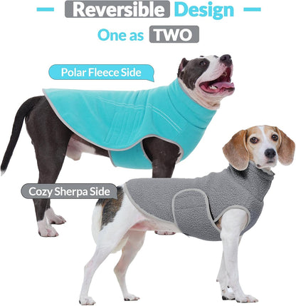 ROZKITCH Reversible Fleece Jacket for Dogs Super Warm Fleece Sherpa Sweater with Embroidery, Adjustable Double-Sided Plush Sweatshirt for Medium Giant Breeds Bluegreen L