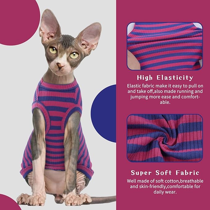 BRKURLEG Sphynx Hairless Cats Shirt Puppy Clothes Soft Cotton T-Shirts Cute Cats Pajamas Cat Stripes Vest Pet Sweater, Round Collar Vest Kitten Shirts(PinkBlue Stripes, L)