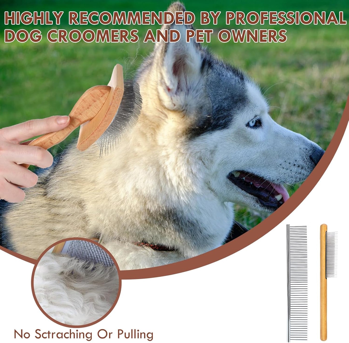 Large Dog Brush for Medium or Long Haired Dogs, Long Pin Slicker Brush for Removes Loose Hair, Tangles and Knots, Best Grooming Brush for Small Animals, Free Pet Comb, Wood