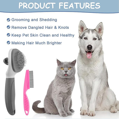 Cat Brushes for Indoor Cats, Dog Brush for Shedding with Metal Cat Comb, Self Cleaning Pet Hair Brush with Release Button for Grooming Kitten(Dark Grey)