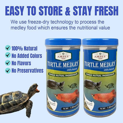 Amzey 2 Pack Aquatic Turtle Food, Vitamin, Enriched Medley Treats of Freeze, Dried Mealworms, River Shrimp & River Fishes, High Protein Turtle Medley Food for Aquatic Tortoise, 3.7 Ounce Total