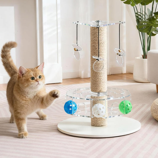 Modern 3-in-1 Interactive Cat Toy with Scratching Post, Rotating Cat Puzzle Toys for Indoor Cats with Colorful Jingle Balls, Spinning Teaser Disc with Dangling Toys, Acrylic, White