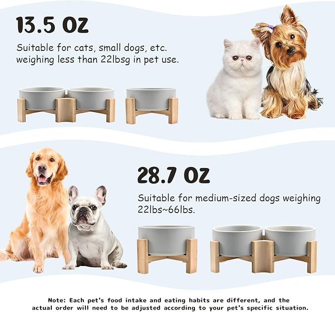 SPUNKYJUNKY 15° Slanted Ceramic Dog and Cat Bowl with Wooden Stand, Tilted Bulldog Food and Water Bowl No Slip Non-Spill for Cats Medium Dogs Big Face Pets 13.5 OZ (1.7 Cups, Grey × 2)