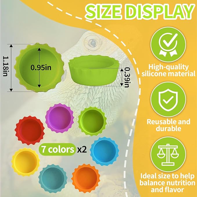 14 PCS Crested Gecko Food Dish, Reusable Small Reptile Feeding Cups, Gecko Food & Water Bowl 7 Colors