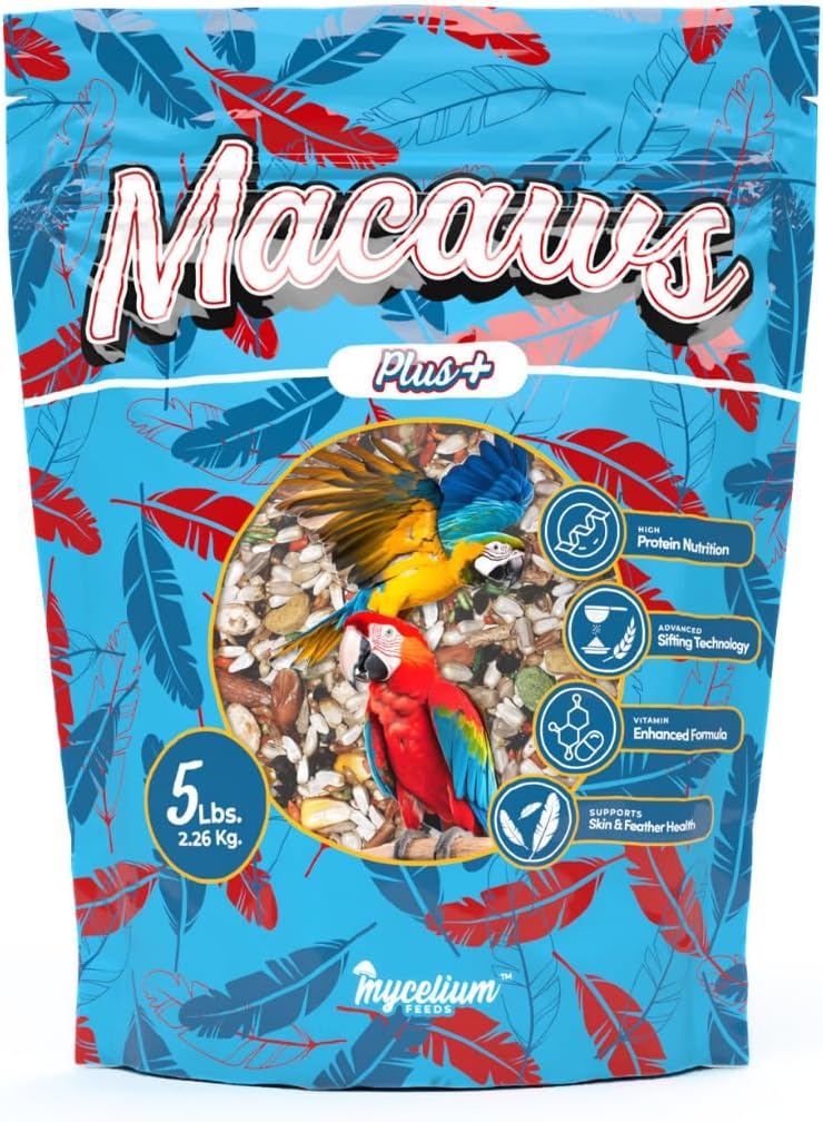 Mycelium Organic Macaw Plus Bird Seed Mix (5 LBS) | Premium Bird Food for Macaws & Large Parrots | High-Protein & Vitamin-Fortified Formula | Skin & Feather Support | Non-GMO, No Fillers, USA Made