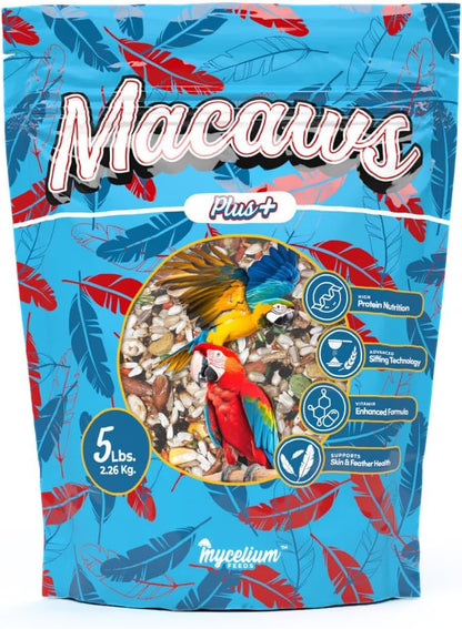 Mycelium Organic Macaw Plus Bird Seed Mix (5 LBS) | Premium Bird Food for Macaws & Large Parrots | High-Protein & Vitamin-Fortified Formula | Skin & Feather Support | Non-GMO, No Fillers, USA Made