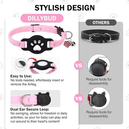 Airtag Cat Collar Breakaway, Cute GPS Cat Tracker Collars with Air Tag Holder, Safety Cat Collars with Bell & Pendant for Girl Boy Cats, Pink