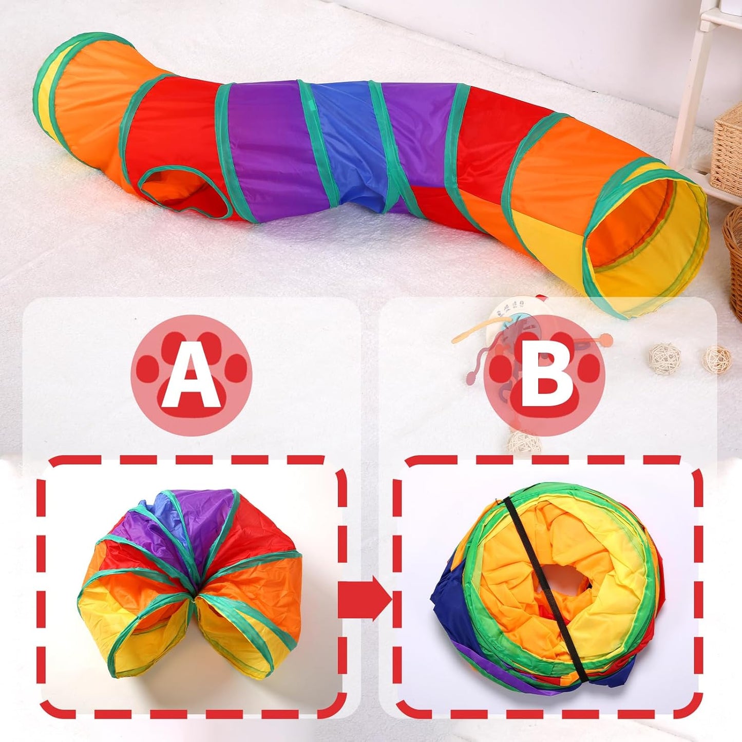 Pet Cat Tunnel, S-Shape Tunnels for Indoor Cats, Collapsible Pet Tunnel for Kitten, Puppy, Rabbit, 25cm-Wide Tunnels, Durable & Breathable, with Peek Hole Toy Ball