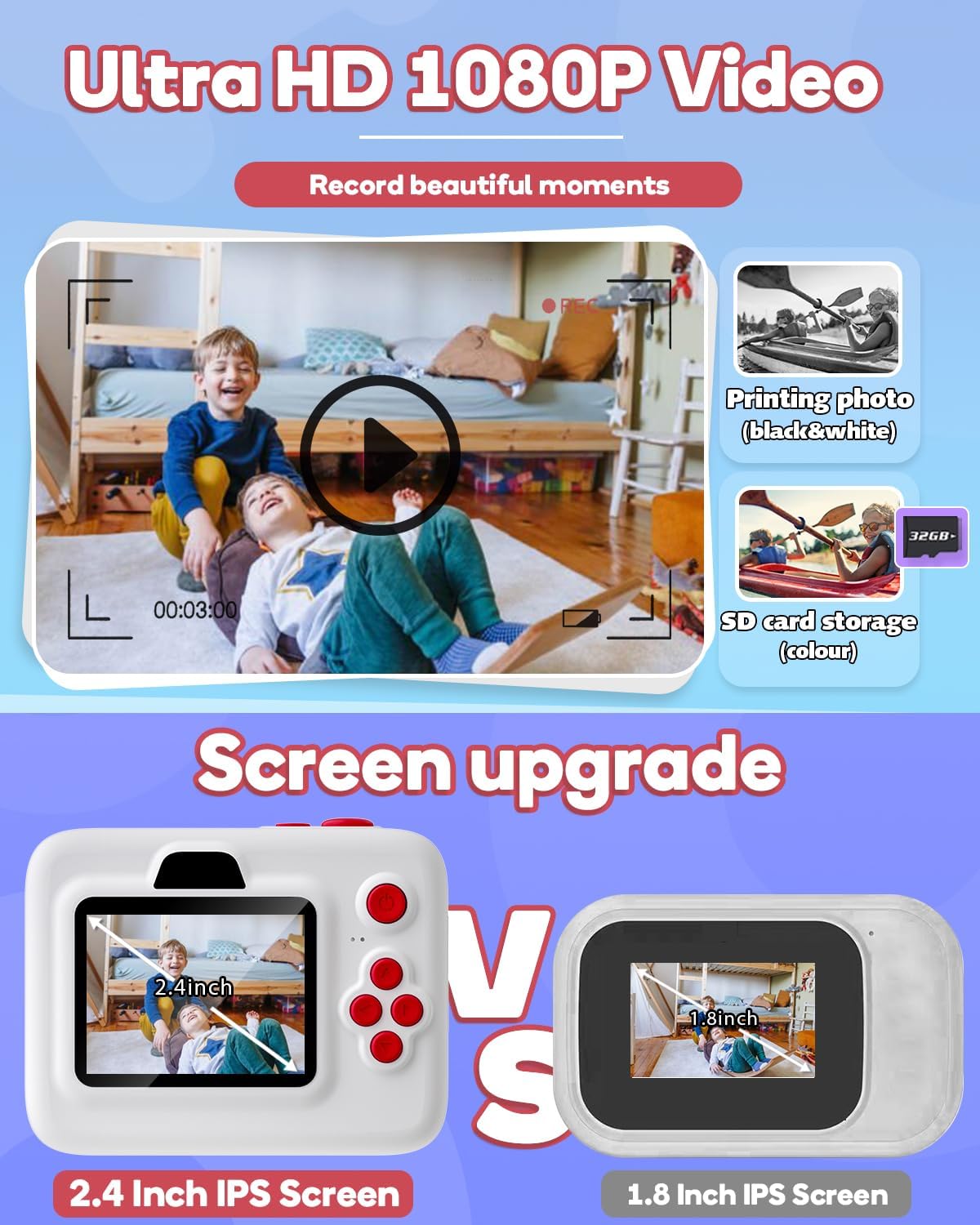 Instant Print Camera for Kids,2.4 Inch Screen Kids Instant Cameras, Christmas Birthday Gifts for Girls Age 3-12, Portable Toddler Toy for 3 4 5 6 7 8 9 10 Year Old Girls Boys White