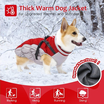 Dog Winter Coat with Harness, Dog Jacket, Pet Clothes with Zipper on Back, Waterproof Windproof Warm Vest, Reflective Cold Weather Coats, for Small Medium Large Dogs, Thick, Red, XL