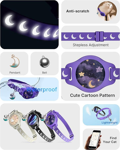 Cat Collar with Airtag Holder, Breakaway Airtag Cat Collar for Apple Air Tag with Luminous & Reflective Pattern, Waterproof GPS Cat Tracker Collars for Boy Girl Cats Kittens with Bell, Purple (8-12")