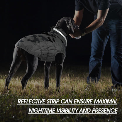 FUAMEY Dog Coat for Large Dogs,Waterproof Dog Winter Jacket with Harness Built in Puppy Cold Weather Coats Reflective Pet Vest with Zipper Warm Fleece Dogs Snowsuit Windproof Grey Camo XL