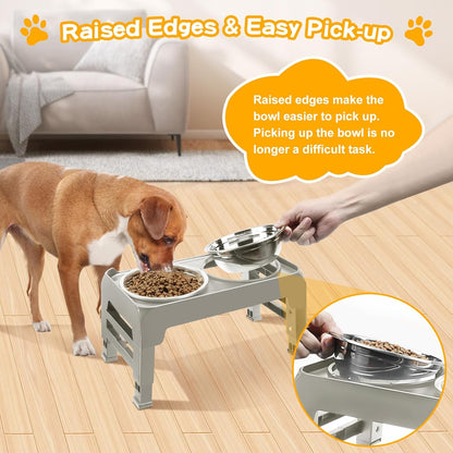 Elevated Bowls for Small Dogs - 3 Height Adjustable Raised Stand With 25oz Stainless Steel Food Bowls, Anti-Slip Feeder Adjusts to 7.5", 6", 2.75", Light Brownish Gray