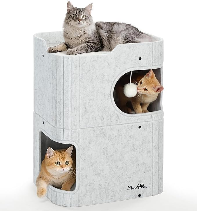 Made4Pets Cat House for Indoor Use, 2-Storey Cube Bed Cave, Covered Hideaway Condo with Scratch-Resistant Felt, Foldable Easy-to-Clean Design for Multi-Cat Homes, Marble White