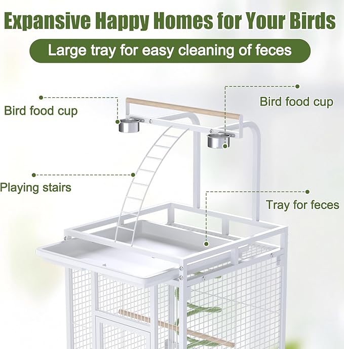 61 Inch Large Bird Cage with Rolling Stand, Heavy-Duty Wrought Iron Birdcage with Ladder, Playtop Parrot Cage for Parrots, Cockatiels, Budgies, Lovebirds, Small/Medium Birds