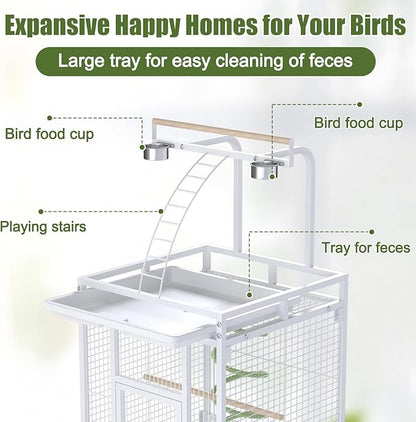 61 Inch Large Bird Cage with Rolling Stand, Heavy-Duty Wrought Iron Birdcage with Ladder, Playtop Parrot Cage for Parrots, Cockatiels, Budgies, Lovebirds, Small/Medium Birds