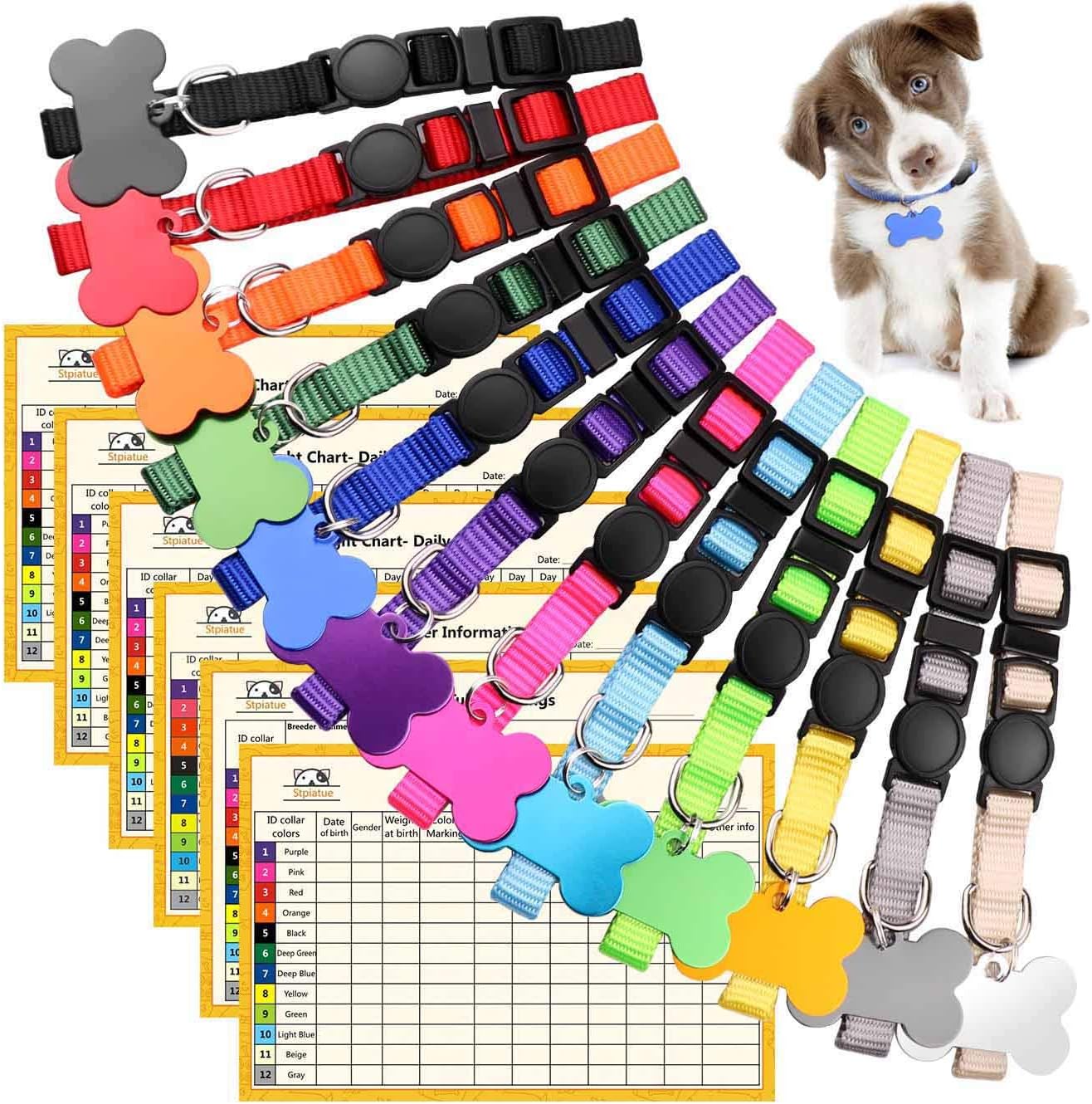 Upgraded Puppy Collars for Litter Puppy ID Collars Whelping Supplies Soft Nylon Breakaway Coloured Collars with 12 ID Tags and 6 Record Keeping Charts(M)