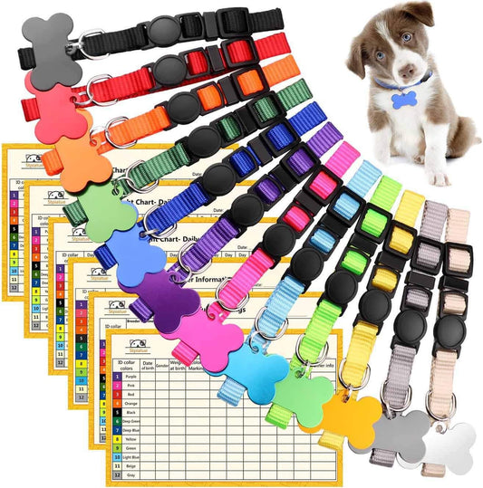 Upgraded Puppy Collars for Litter Puppy ID Collars Whelping Supplies Soft Nylon Breakaway Coloured Collars with 12 ID Tags and 6 Record Keeping Charts(M)