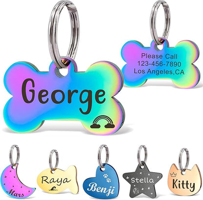 Anavia Small Size Dog Cat ID Tags, Small/XS Personalized Color Plated Stainless Steel Puppy Kitten Name Tags, Customized Engraved Nameplate Pet Collar Tag (Rainbow, Bone)