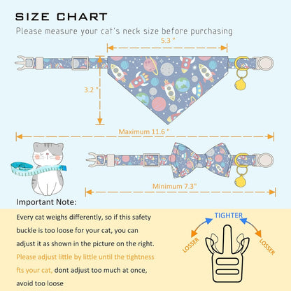 Faygarsle 2 Pack Space Theme Cat Collar Set with Bandana and Bow Tie, Breakaway Safety Buckle, Navy Blue with Rockets