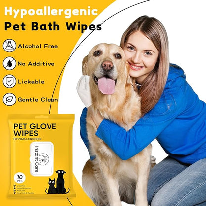 Pet Glove Wipes for Dogs Cats Disposable Dog Wipes Cleaning Deodorizing for Fur Paws and Butt Rinse Free Shampoo Mittens Cat Grooming Bath Wipes 10PCS