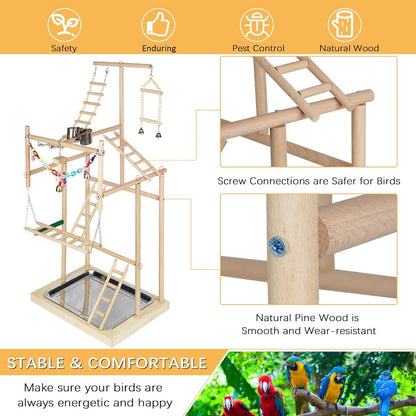 Pet Parrot Playstand Parrots Bird Playground Bird Play Stand Wood Perch Gym Playpen Ladder with Feeder Cups Bells for Cockatiel Parakeet (4 Layers)