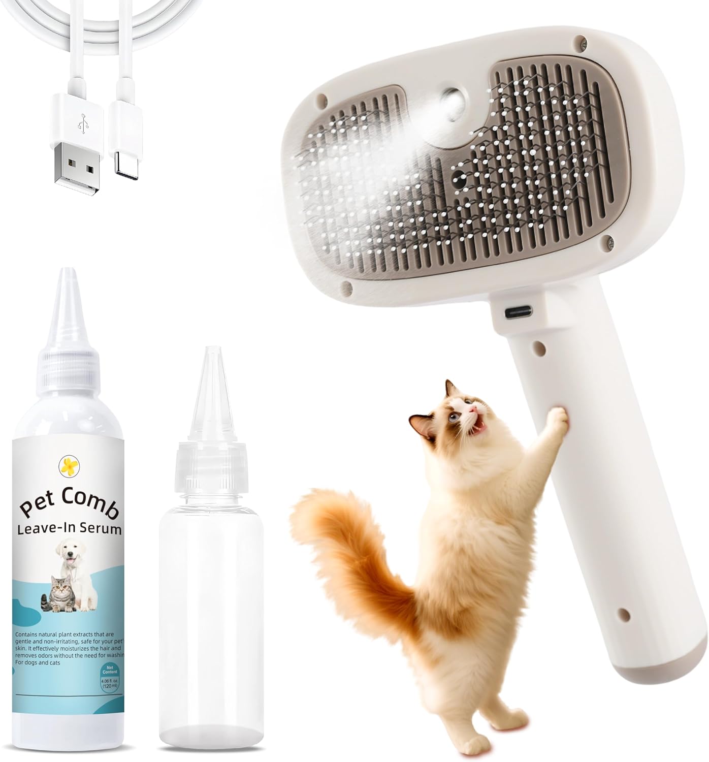 Cat Steam Brush, Dog Brush for Shedding, Pet Spray Hair Removal Comb, Pet Grooming Brush for Short & Long Haired Dogs & Cats,Spritz Defur Comb with Waterless Shampoo (White)