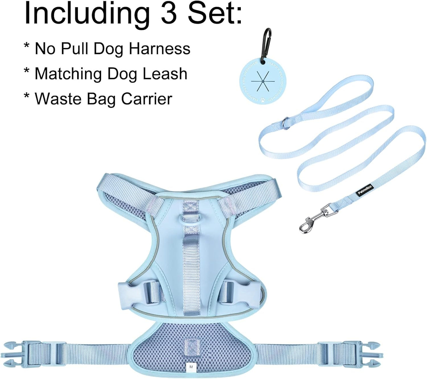 Petmolico Dog Harness for Medium Dogs No Pull, Cute Dog Harness with Two Leash Clips and Soft Handle, Reflective Easy Walk Dog Harness with Leash, Light Blue Medium