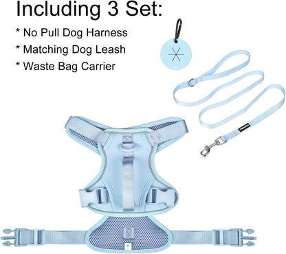 Petmolico Dog Harness for Medium Dogs No Pull, Cute Dog Harness with Two Leash Clips and Soft Handle, Reflective Easy Walk Dog Harness with Leash, Light Blue Medium