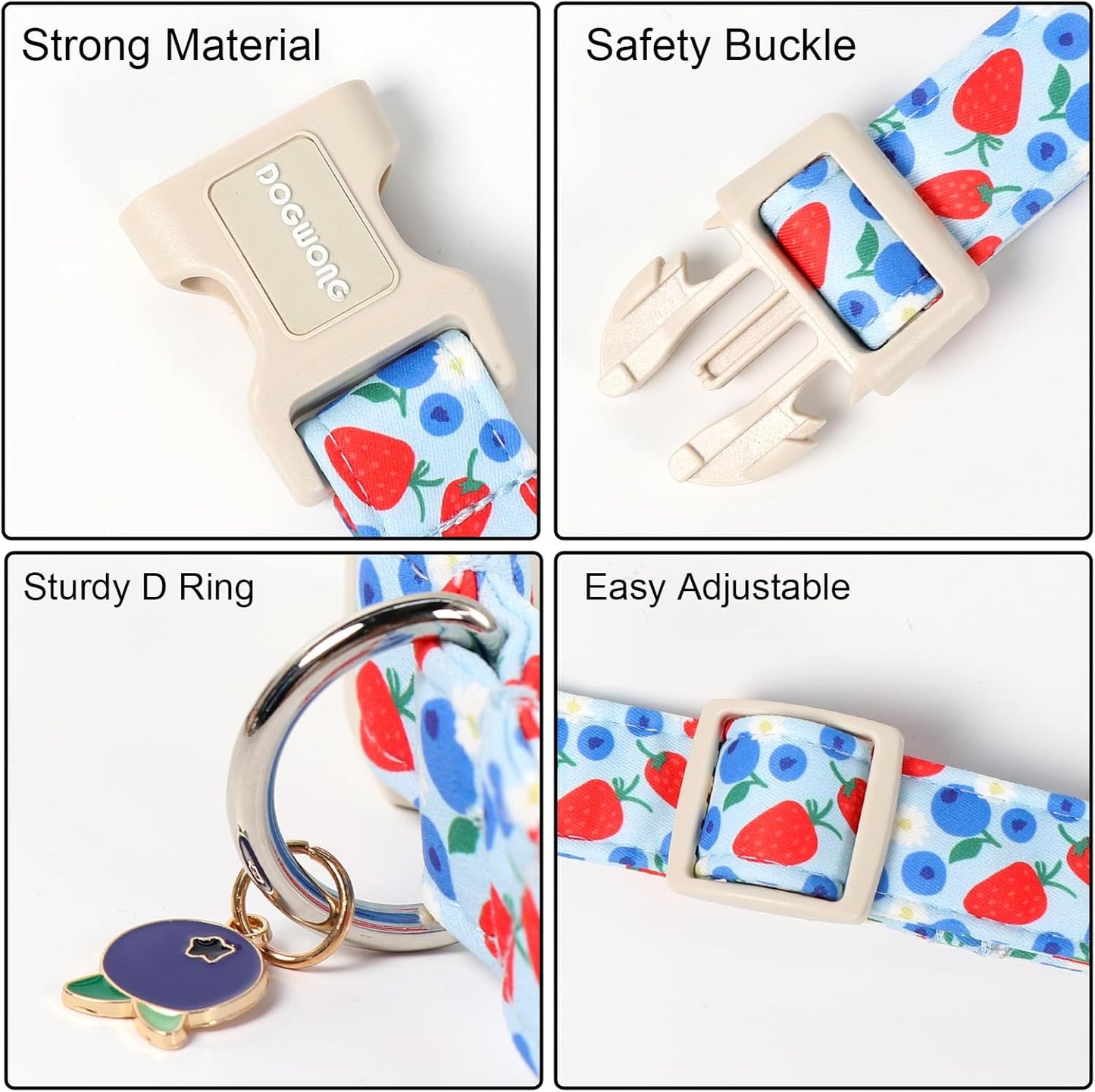 DOGWONG Strawberry Dog Collar, Blue Dog Collars Blueberry Adjustable Cute Pet Collars Girl Design Dog Collar for Small Medium Large Dogs