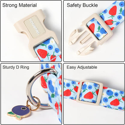 DOGWONG Strawberry Dog Collar, Blue Dog Collars Blueberry Adjustable Cute Pet Collars Girl Design Dog Collar for Small Medium Large Dogs