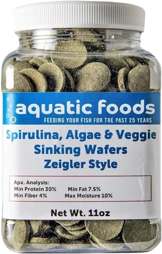 Aquatic Foods Inc. 16mm - 5/8" Wafer of Spirulina, Algae, Veggies, Sinking Wafer for Bottom Fish, Shrimp, Snails, Crabs, Crayfish, All Tropical Fish, Zeigler Style Wafers...11oz Small Jar