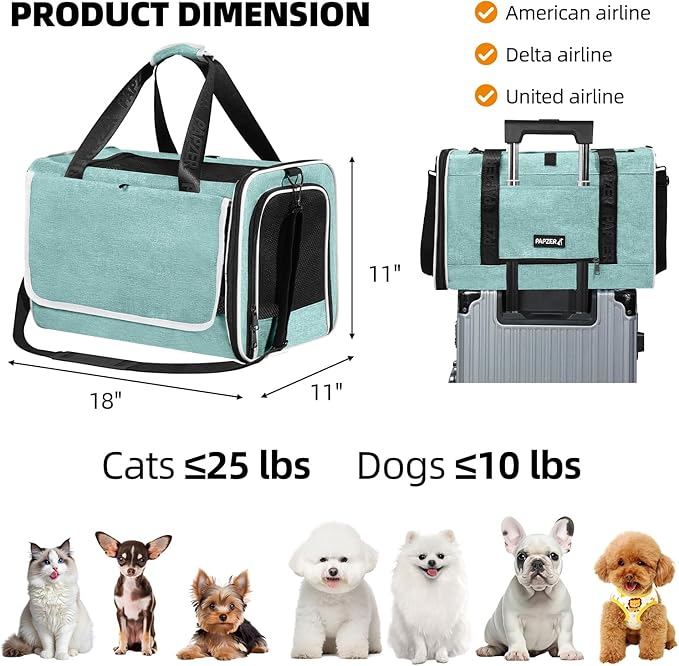 Top Load Medium Cat Carrier Private Curtain, United Approved TSA Pet Travel Crate Suitcase, Soft-Sided Small Dog Vet Friendly Carry Bag 18 x 11 x 11 Inch Delta, American Airline Undereat Teal