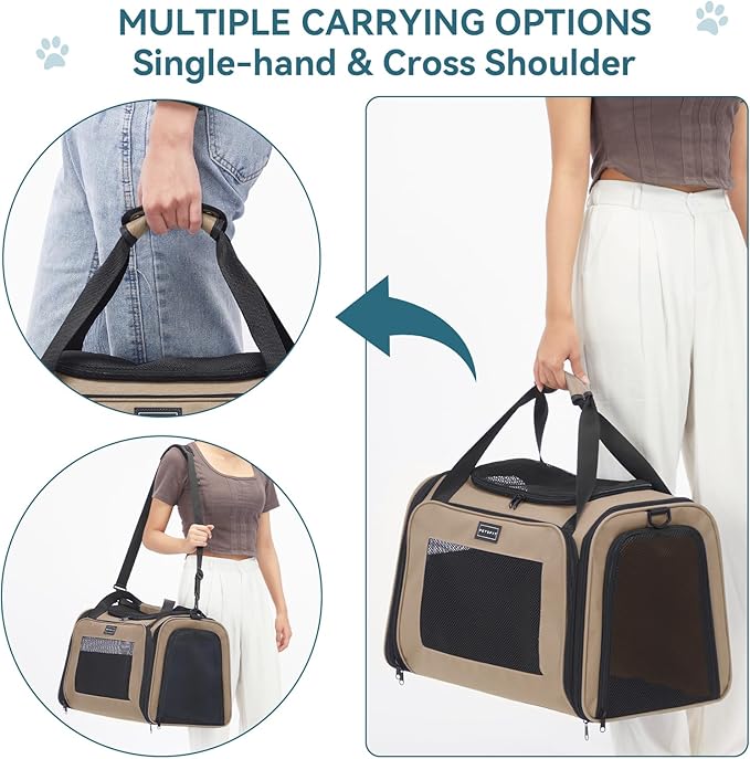 PETSFIT Dog Carrier Cat Carriers for Puppies, Medium Cats up to 25Lbs, Travel Soft Sided Pet Carrier (Large, Khaki)