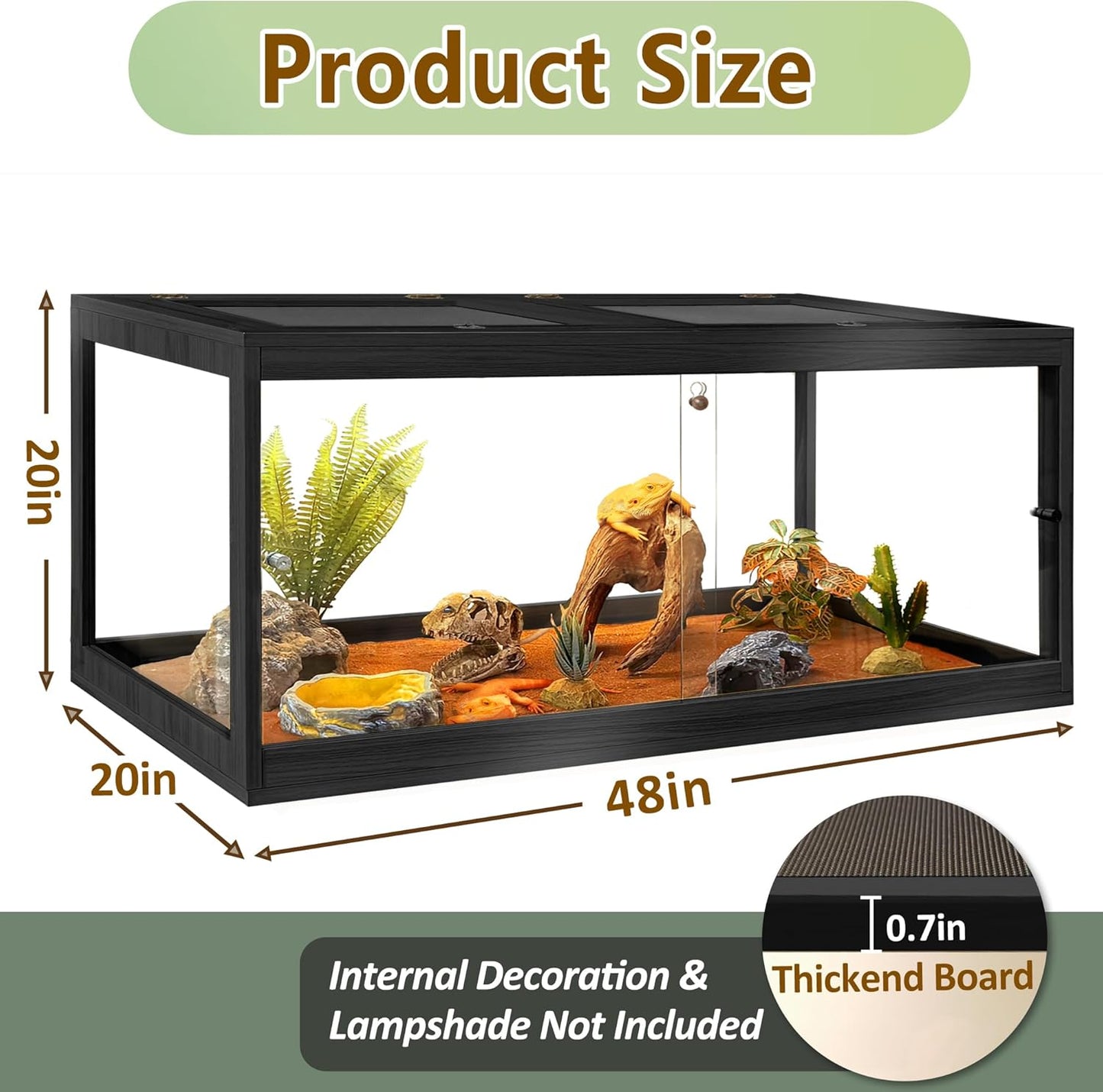 PROLEE Bearded Dragon Tank,Tempered Glass Reptile Tank with Mesh Roof and Front Sliding Door,Anti-Scratch Lizard Tank,Spacious Reptile Enclosure for Snakes,Lguanas (Black, 81Gallons,48"x20"x20")