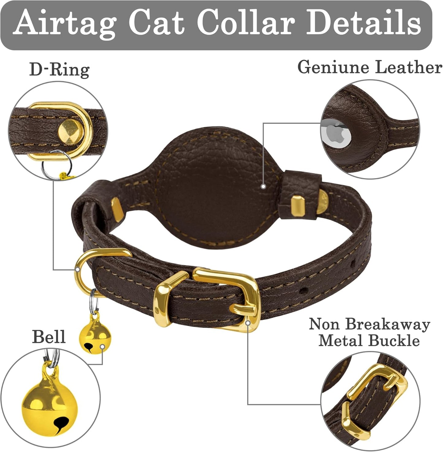 OOPSDOGGY Leather AirTag Cat Collar with Bell - Non Breakaway Kitten Collar with Apple Air Tag Holder - Lightweight GPS Pet Collars for Girl Boy Cats, Small Dogs, Puppies (Dark Brown)