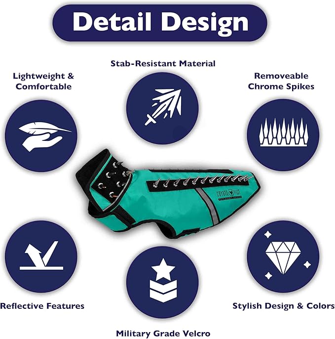 CoyoteVest SpikeVest Dog Harness Vest for Small Dogs, Reflective Dog Vest with Spikes to Shield Your pet from Coyotes, Raptor and Animal Attacks, Anti Hawk Vest, Made in USA (L-Turquoise)