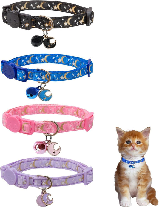 4 Pack Breakaway Cat Collar with Bell,Safety Adjustable Cat Collars Set with Moon and Star Pattern,Ideal for Girl Cats Boy Cats