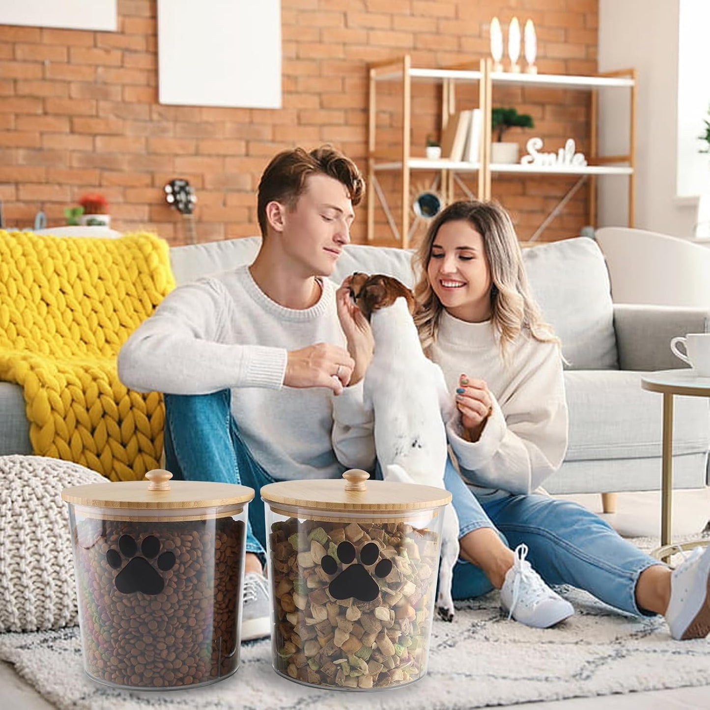 2 Pack Airtight Dog Treat Container,85oz Dog Cat Food Storage Container with Bamboo Lids,Puppy Cookie Jar,Up to 5~6LB,Pet Treat Canister with Scoops,Food Tong,Pen-Round