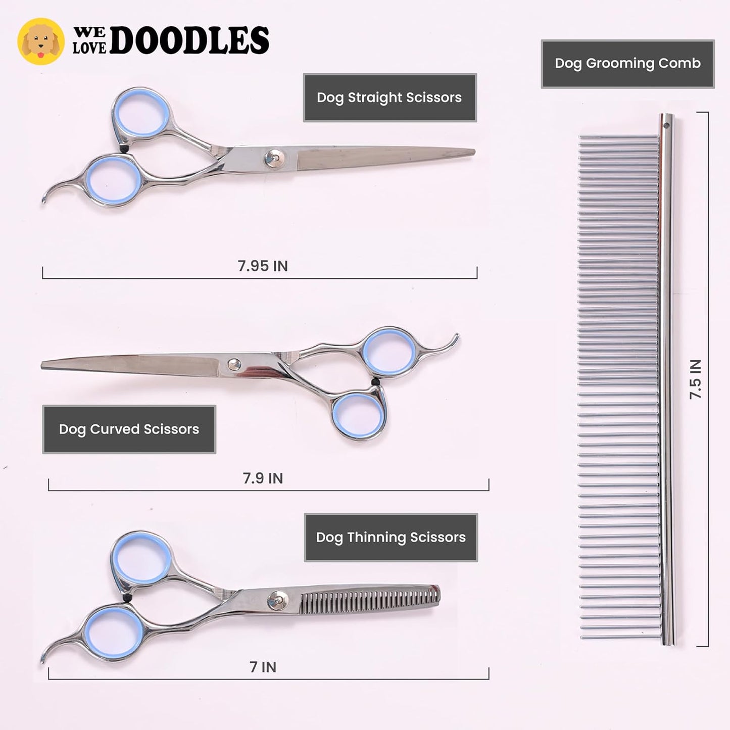 Dog Grooming Scissors Kit - Best Tools for Goldendoodles, Poodles & Doodles - Straight, Curved & Thinning Shears - Golden Doodle Grooming Kit - Professional Grade Steel, 4 Pc Set (Long Silver)