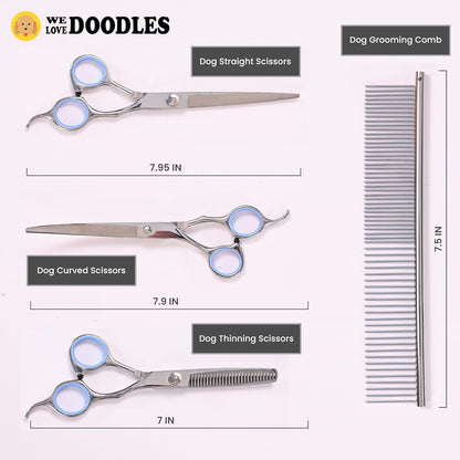 Dog Grooming Scissors Kit - Best Tools for Goldendoodles, Poodles & Doodles - Straight, Curved & Thinning Shears - Golden Doodle Grooming Kit - Professional Grade Steel, 4 Pc Set (Long Silver)
